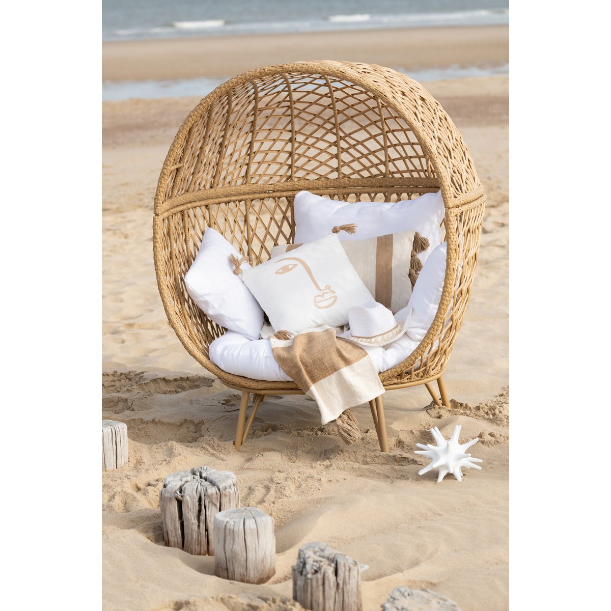J-Line Loungestoel+Kussens Eva Metaal/Riet Beige