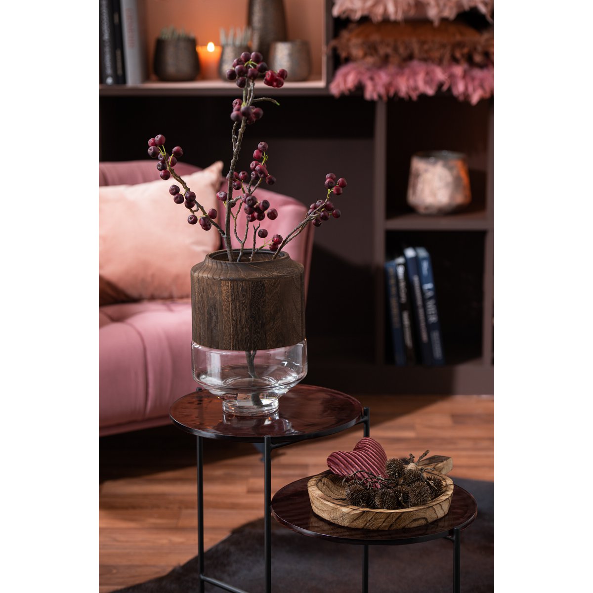 J-Line vaas Rond Hoog - hout/glas - donkerbruin - large - 31 cm hoog