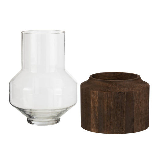 J-Line vaas Rond Hoog - hout/glas - donkerbruin - large - 31 cm hoog