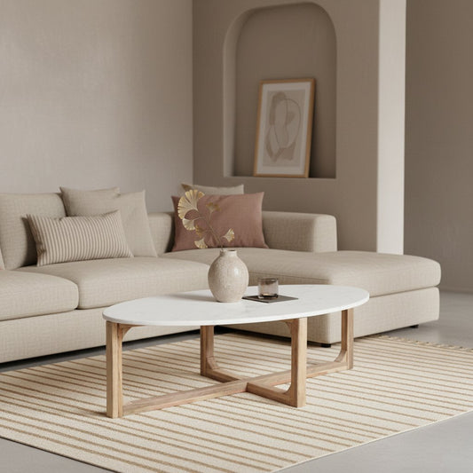 Ovale marmeren salontafel - Wit - 120x60x38 cm