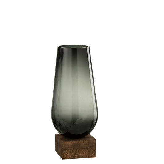 J-Line vaas Op Voet Eno - glas/hout - donkerbruin/grijs - small