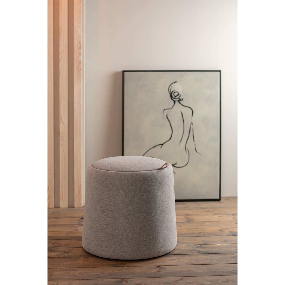 J-Line Poef/Bijzettafel Rond Textiel/Hout Beige